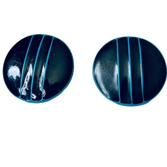 Vintage 80s Striped Blue Black Round Earrings - Picture 6 of 6